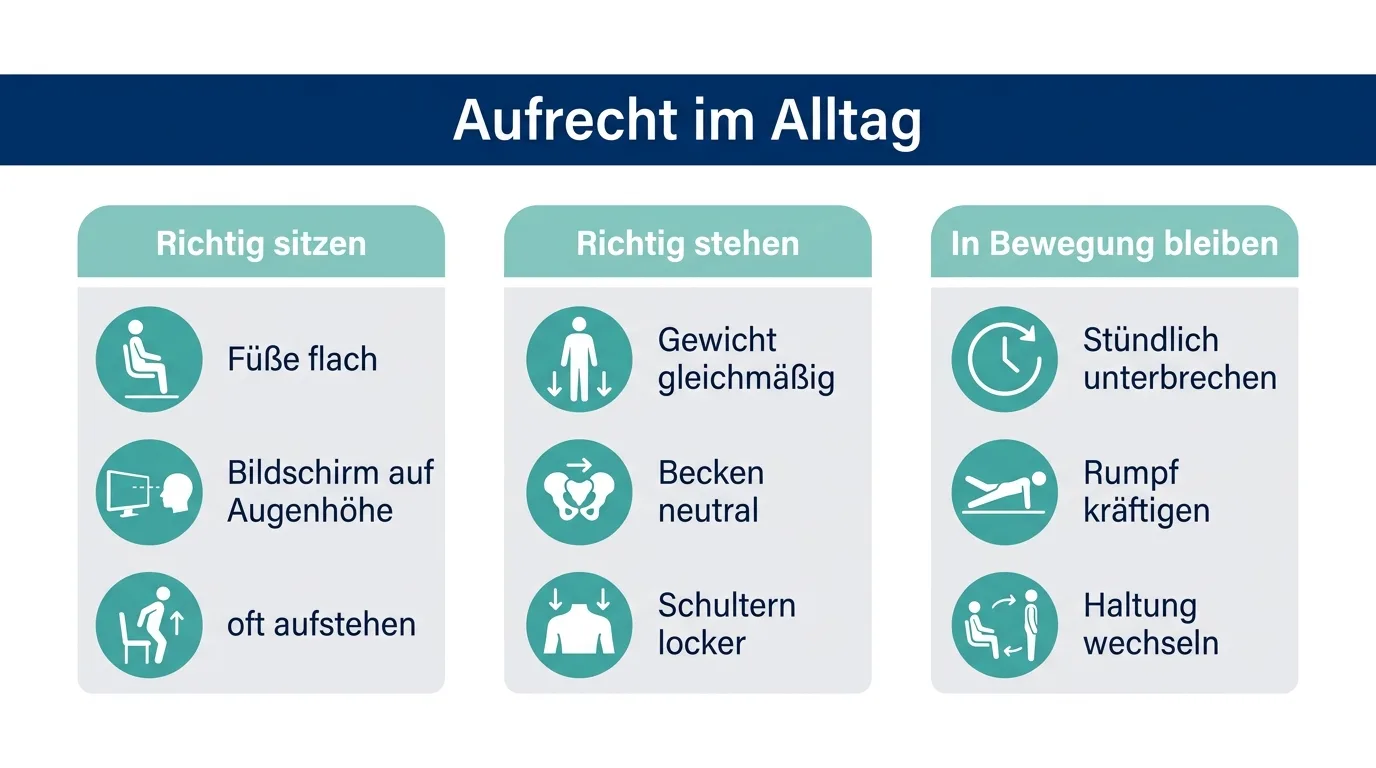 Infografik zeigt in drei Abschnitten, wie man im Alltag richtig sitzt, steht und in Bewegung bleibt.