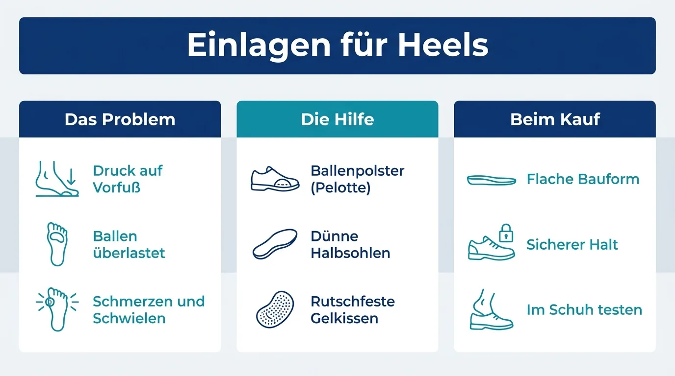 Infografik zu Einlagen für High Heels mit Problem, passenden Hilfsmitteln und Kauftipps.