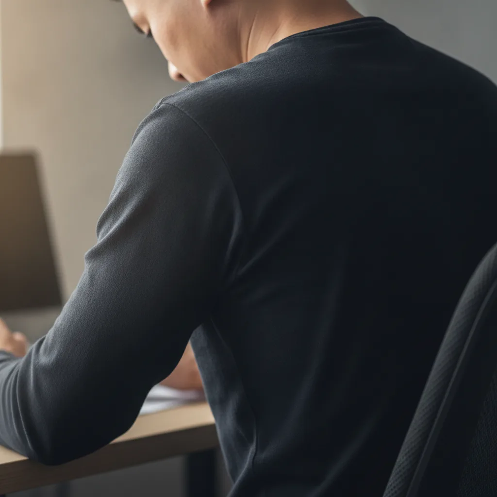Person zieht bei Stress die Schultern hoch, die Nacken- und Schultermuskeln sind sichtbar angespannt.