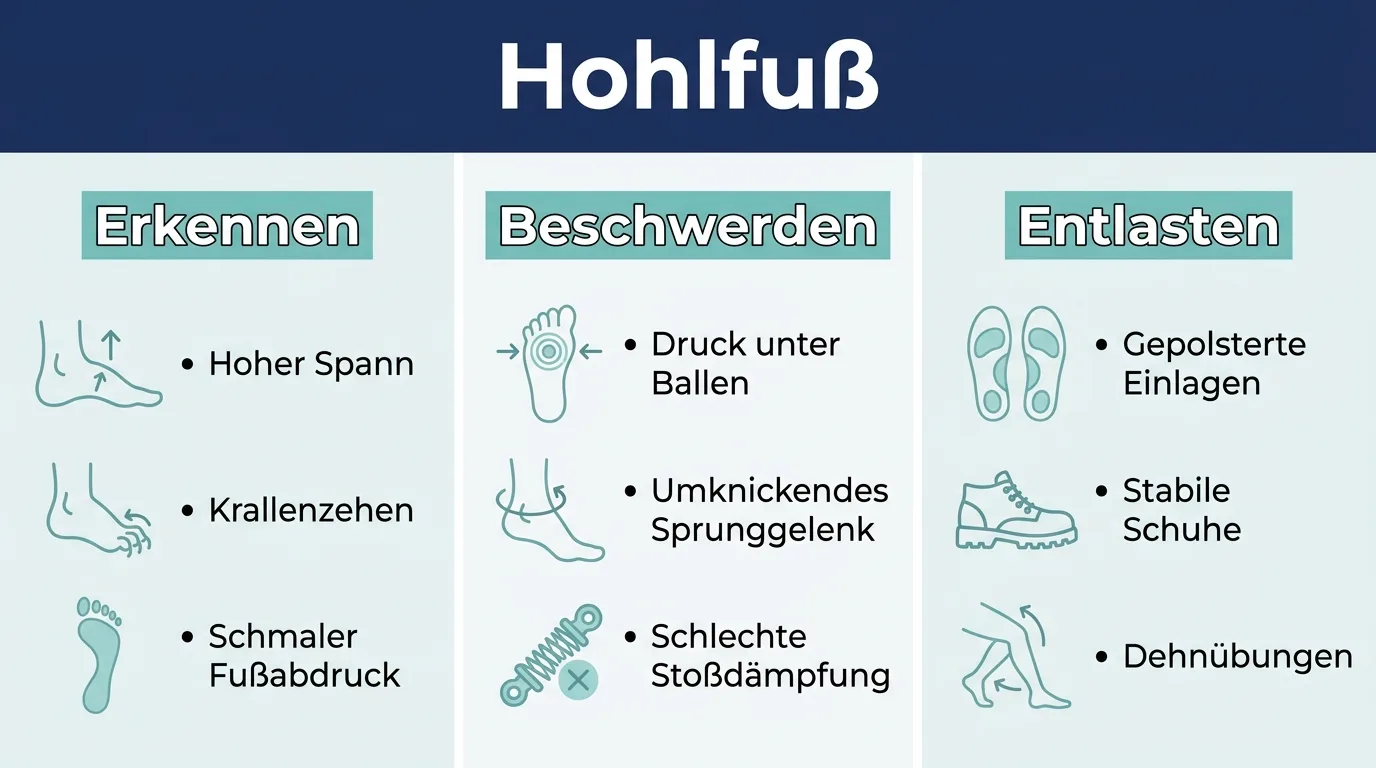 Infografik zum Erkennen, zu den Beschwerden und zur Entlastung eines Hohlfußes