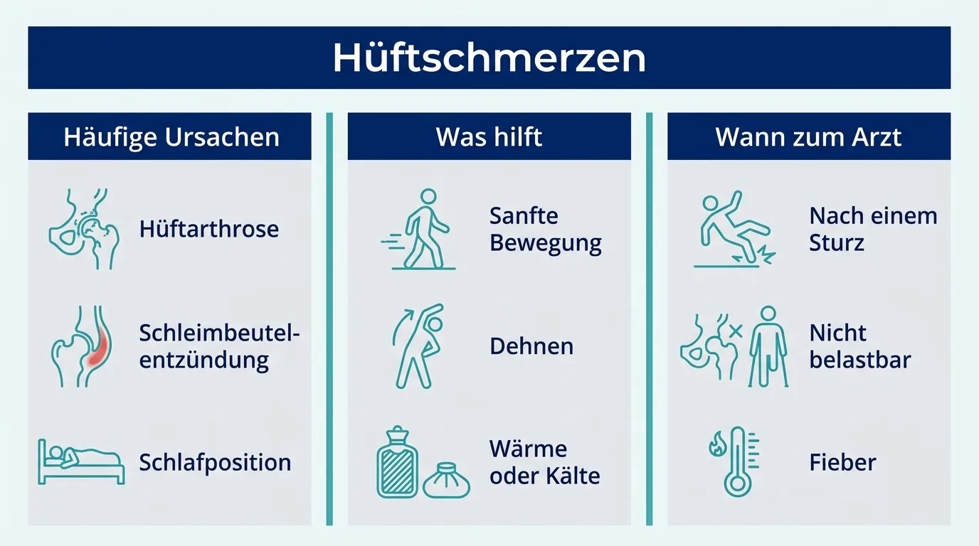 Infografik zu Hüftschmerzen mit häufigen Ursachen, hilfreichen Maßnahmen und Warnzeichen.