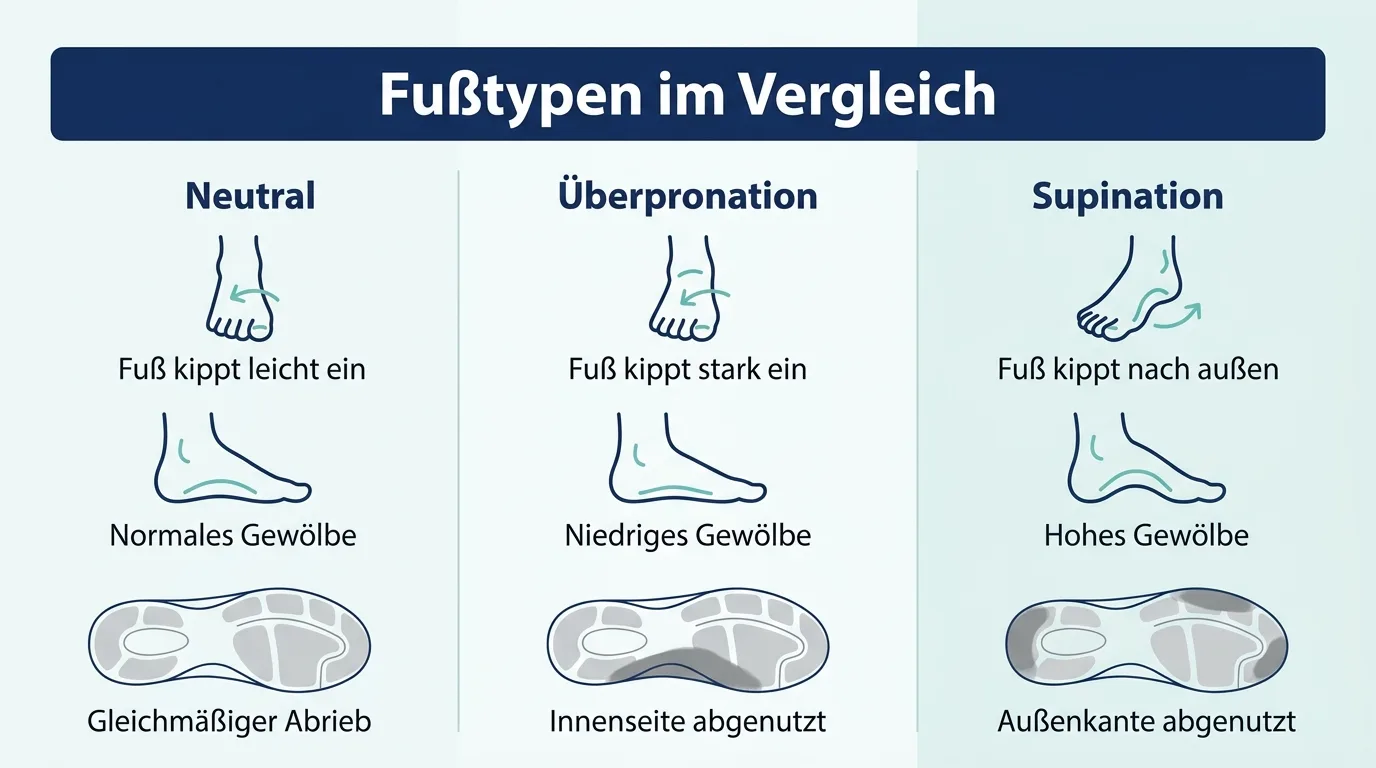 Infografik, die die drei Fußtypen neutral, Überpronation und Supination mit Fußabdruck und Abrollrichtung vergleicht
