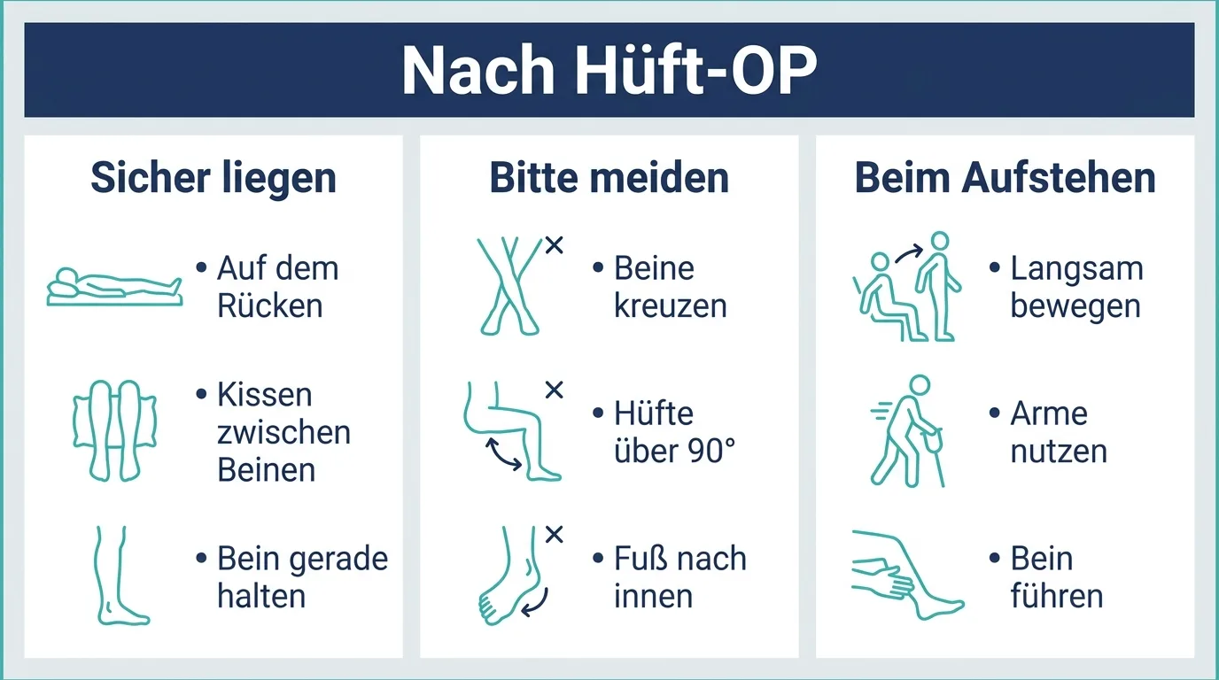 Infografik zur sicheren Lagerung nach einer Hüft-OP mit Rückenlage, Kissen zwischen den Beinen und Bewegungen, die man meiden soll.