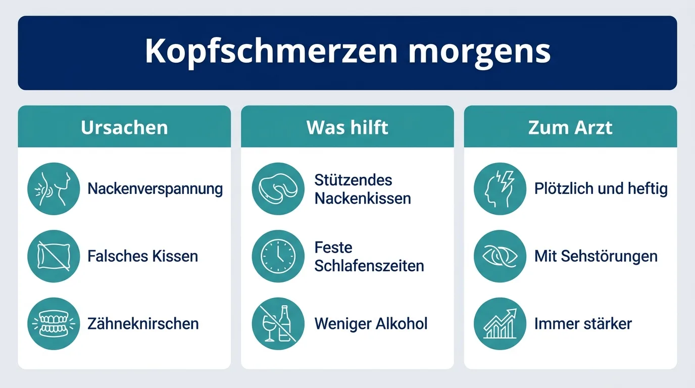 Infografik zeigt die häufigsten Auslöser morgendlicher Kopfschmerzen und was dagegen hilft.