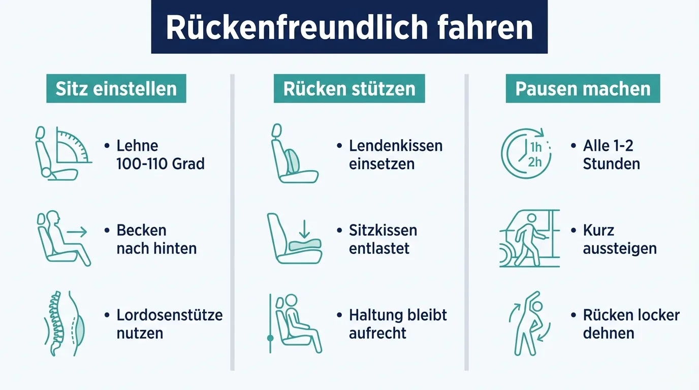 Infografik mit drei Schritten für eine rückenschonende Autofahrt: Sitz einstellen, Rücken stützen und Pausen machen.