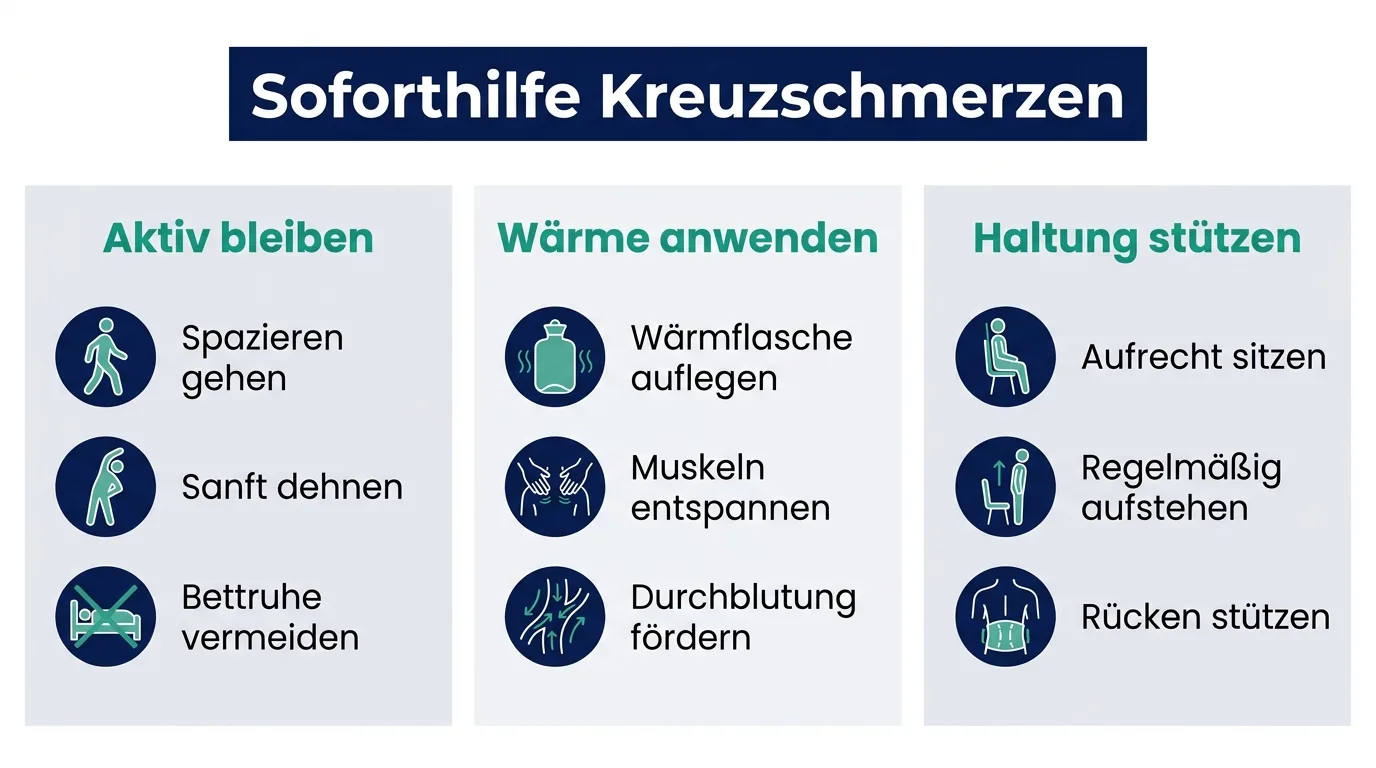 Infografik mit drei Soforthilfen bei akuten Kreuzschmerzen: aktiv bleiben, Wärme anwenden und Haltung stützen