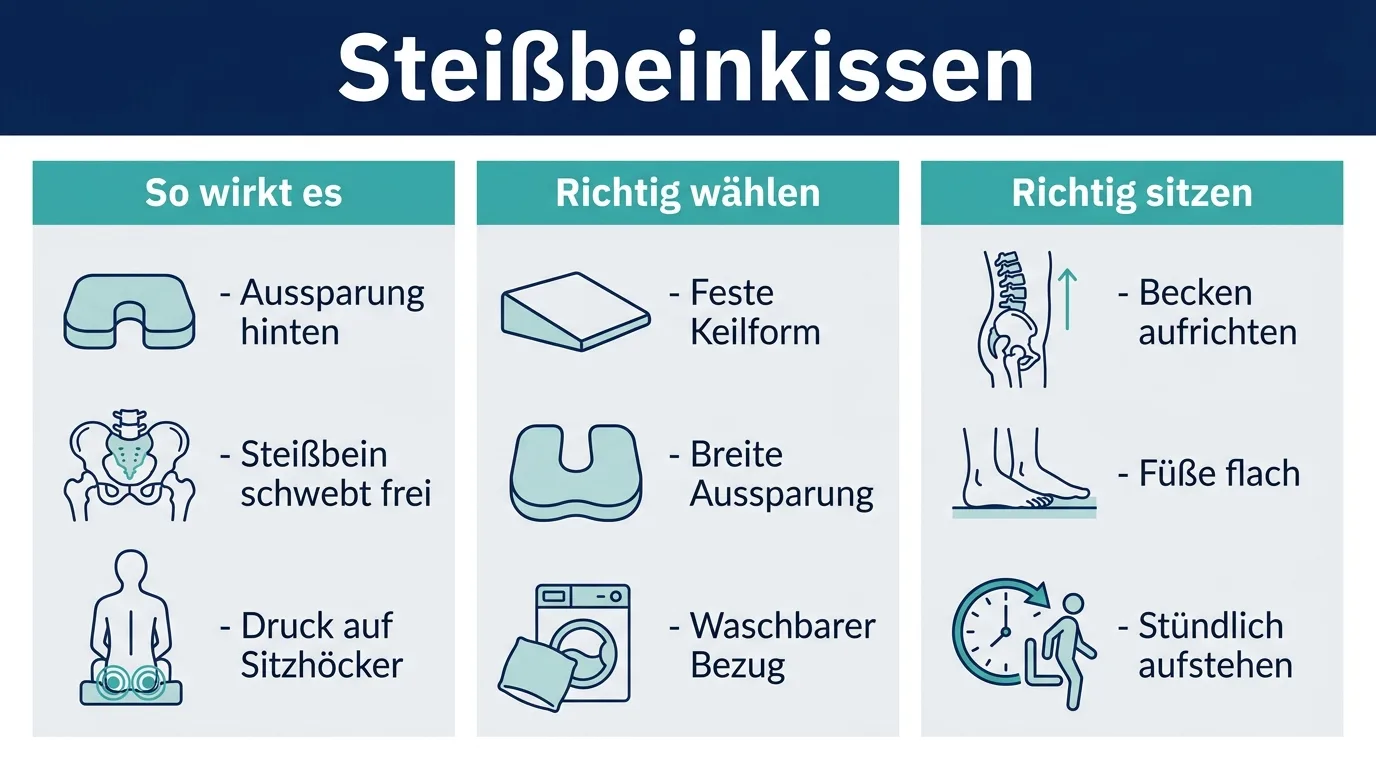 Infografik, die zeigt, wie ein Steißbeinkissen den Druck umverteilt und worauf man beim Kauf und beim Sitzen achtet.