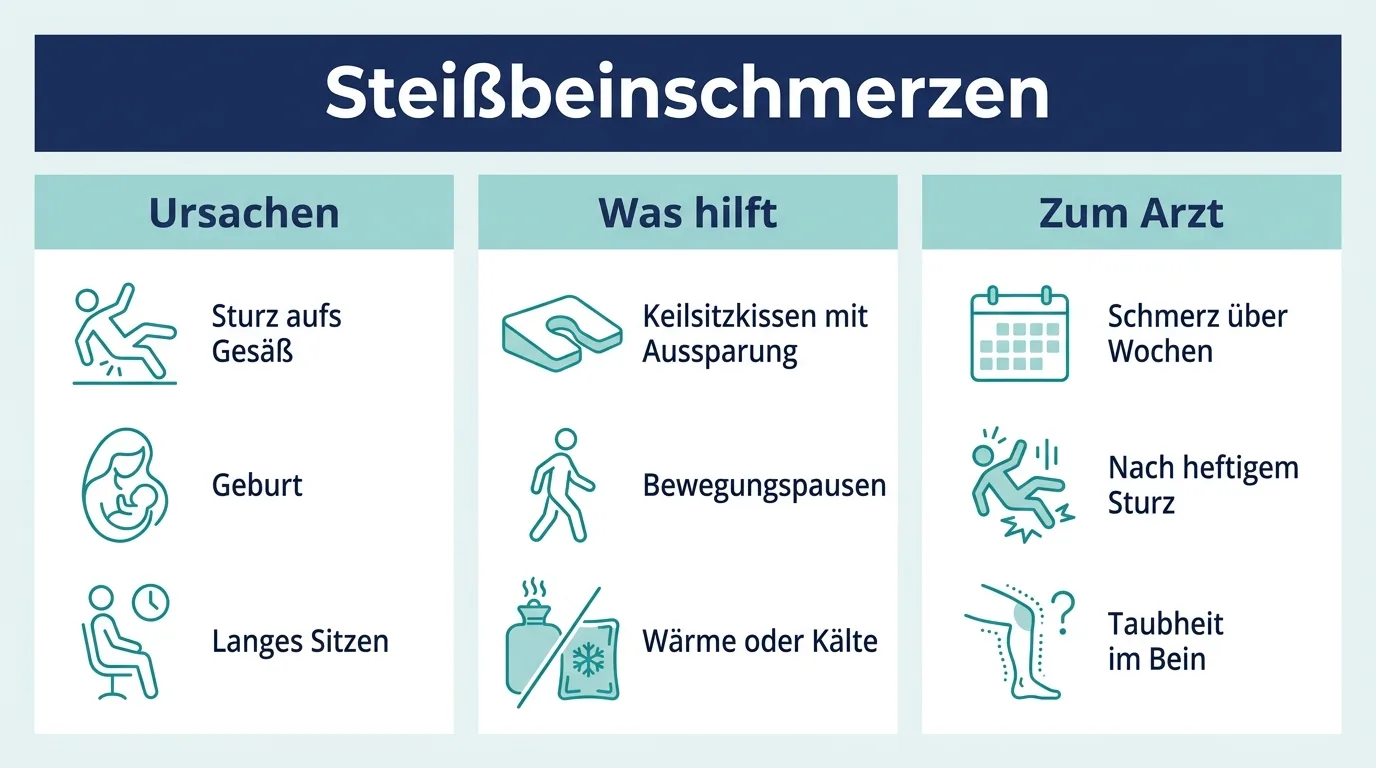 Infografik zeigt die Ursachen von Steißbeinschmerzen, was dagegen hilft und wann man zum Arzt gehen sollte.