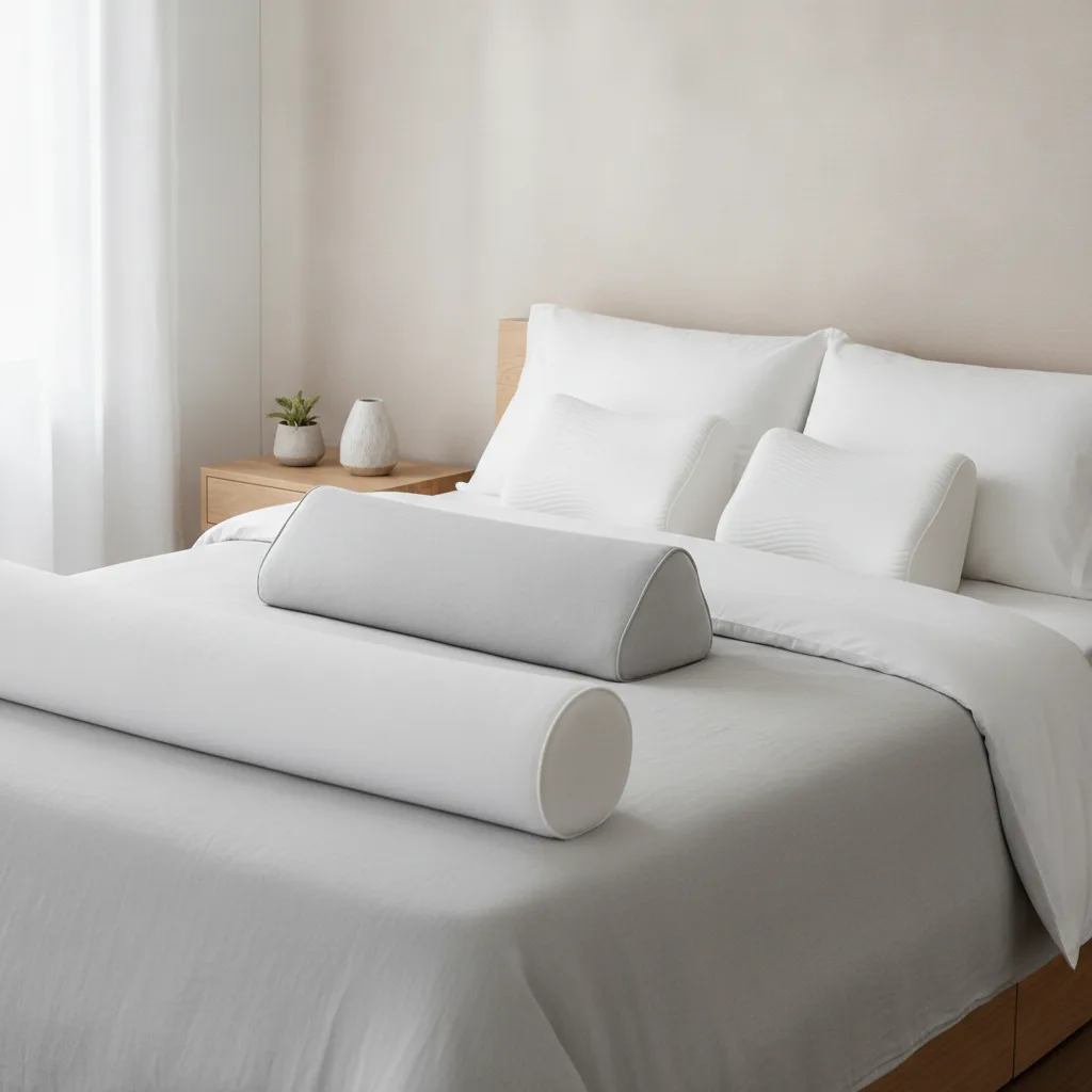 Verschiedene orthopädische Kissen auf einem Bett zur Unterstützung von Kopf, Knien und Beinen im Schlaf