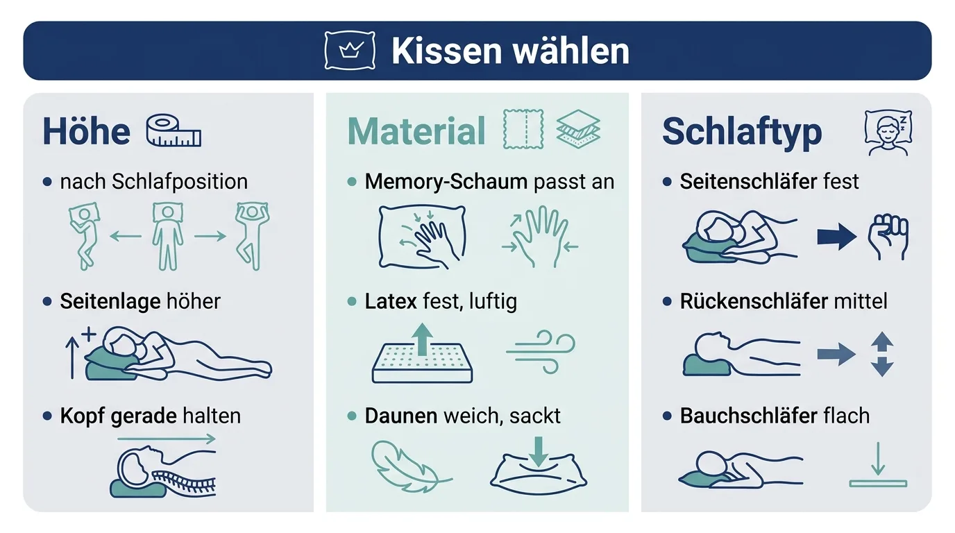 Infografik zeigt die drei Kriterien Höhe, Material und Schlaftyp für die Kissenwahl.