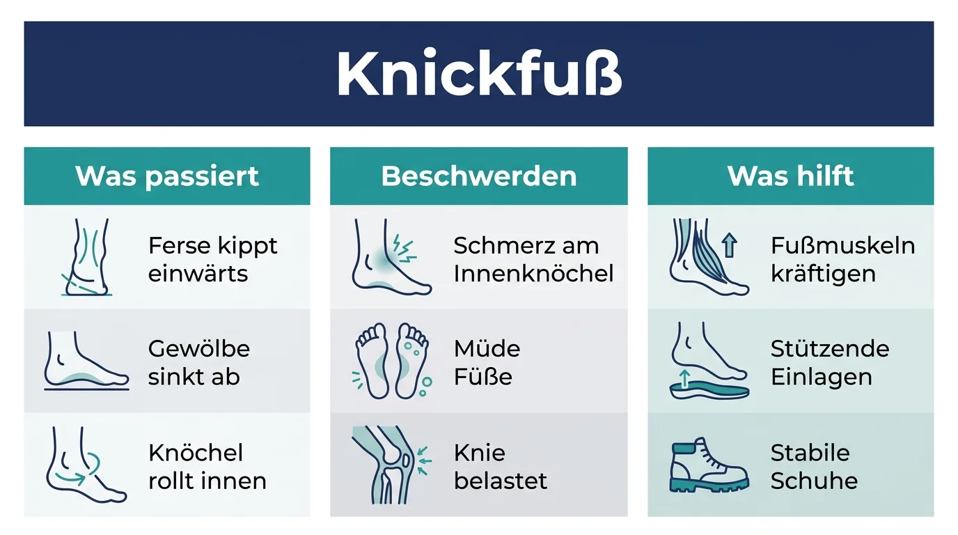 Infografik erklärt, wie ein Knickfuß aussieht, welche Beschwerden er macht und welche drei Maßnahmen helfen.