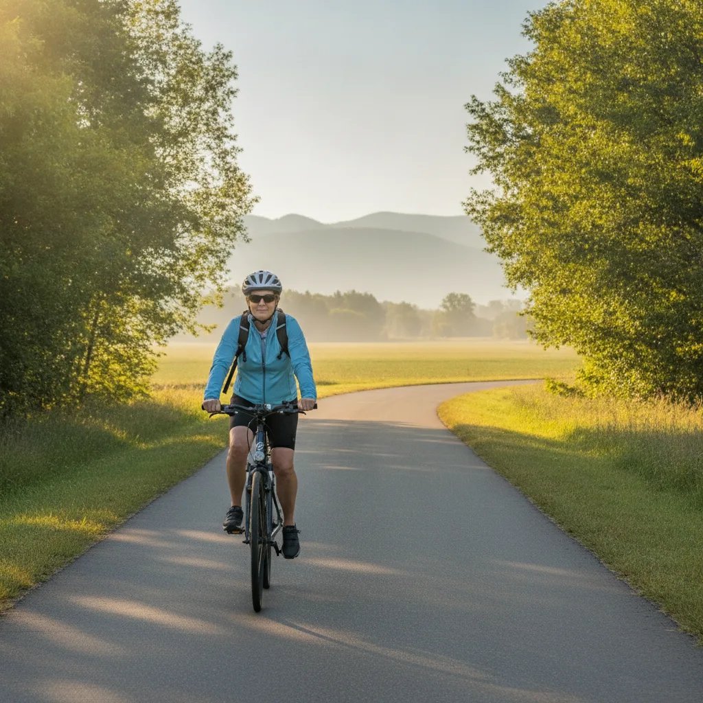 Eine Person fährt bei mildem Morgenlicht auf ebener Strecke Rad und bewegt so das Kniegelenk schonend