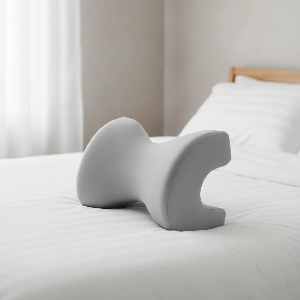 Ergonomisch geformtes Kniekissen aus viskoelastischem Schaum liegt auf einem ordentlich gemachten Bett.