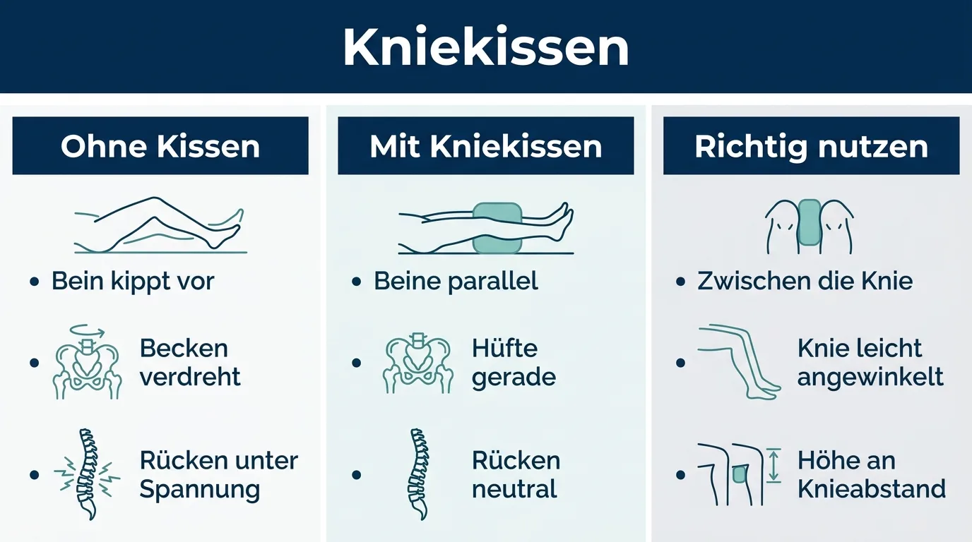 Infografik zeigt die Ausrichtung von Hüfte und Wirbelsäule mit und ohne Kniekissen in der Seitenlage.