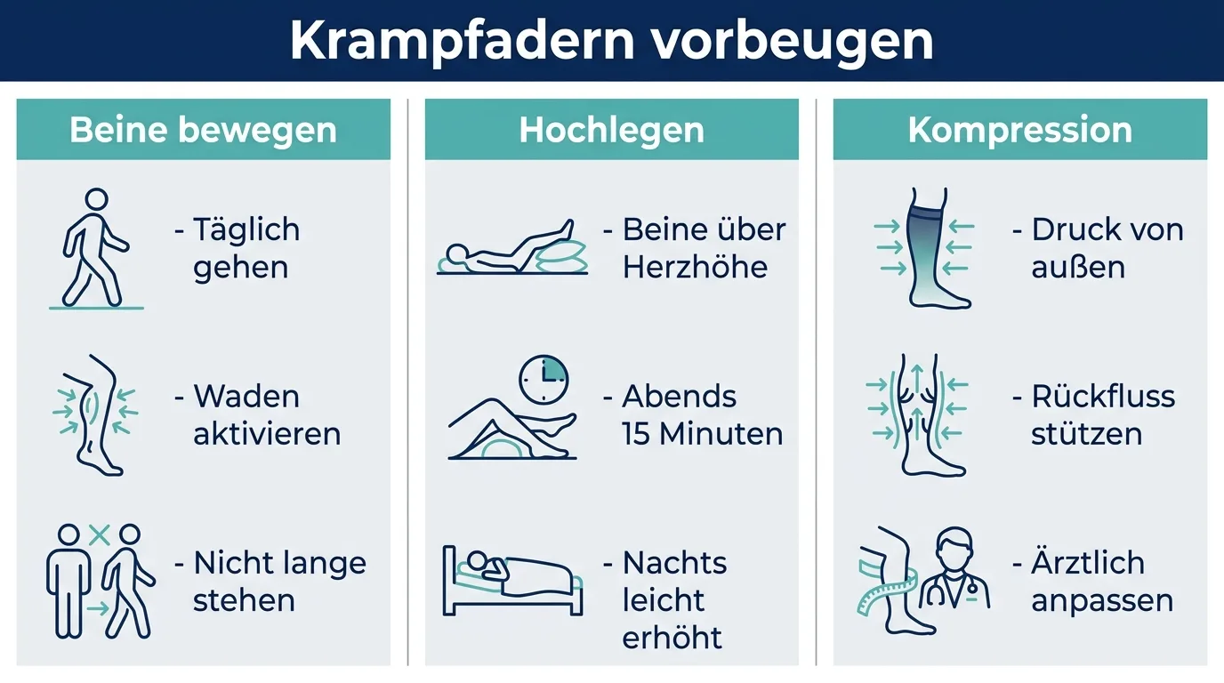 Infografik mit drei Hebeln gegen Krampfadern: Beine bewegen, hochlegen und mit Kompression den Rückfluss stützen.