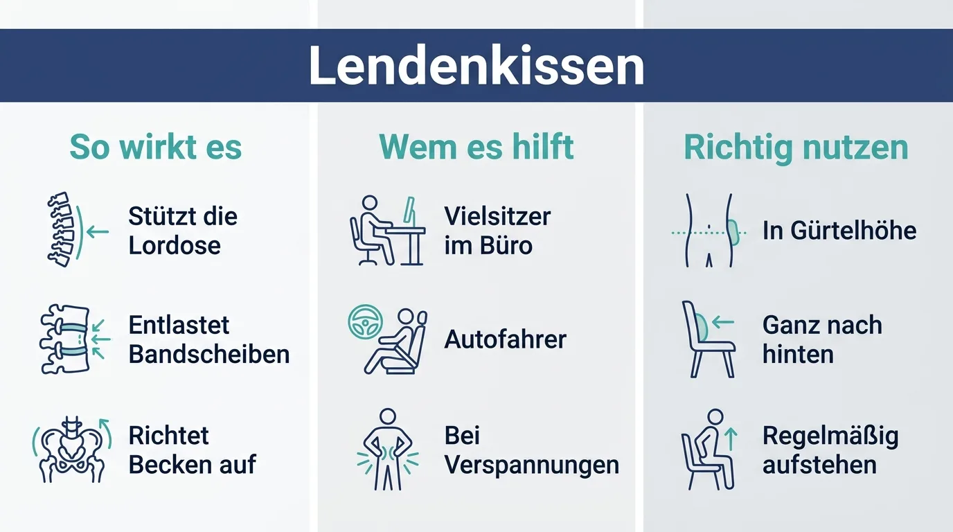 Infografik zu Wirkung, Nutzen und richtiger Anwendung eines Lendenkissens für den unteren Rücken