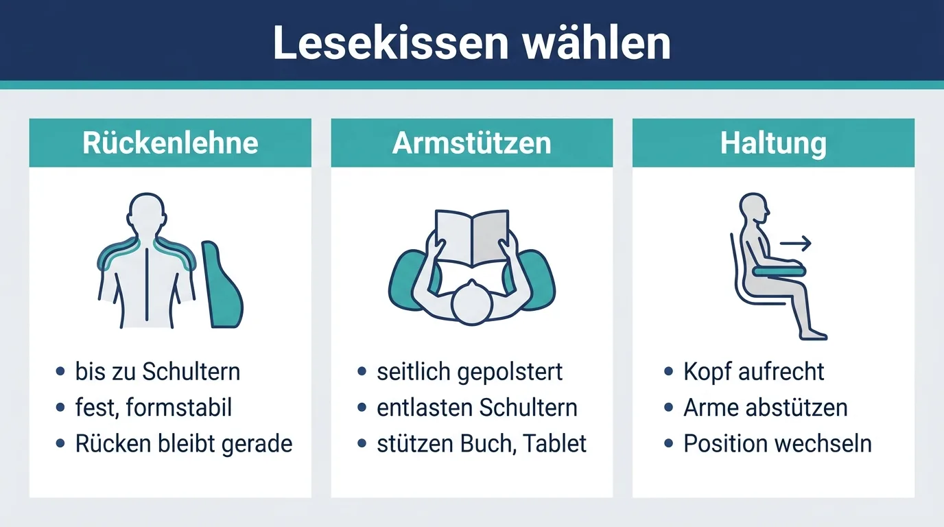 Infografik zeigt Rückenlehne, Armstützen und Haltung als drei Kriterien für ein gutes Lesekissen.