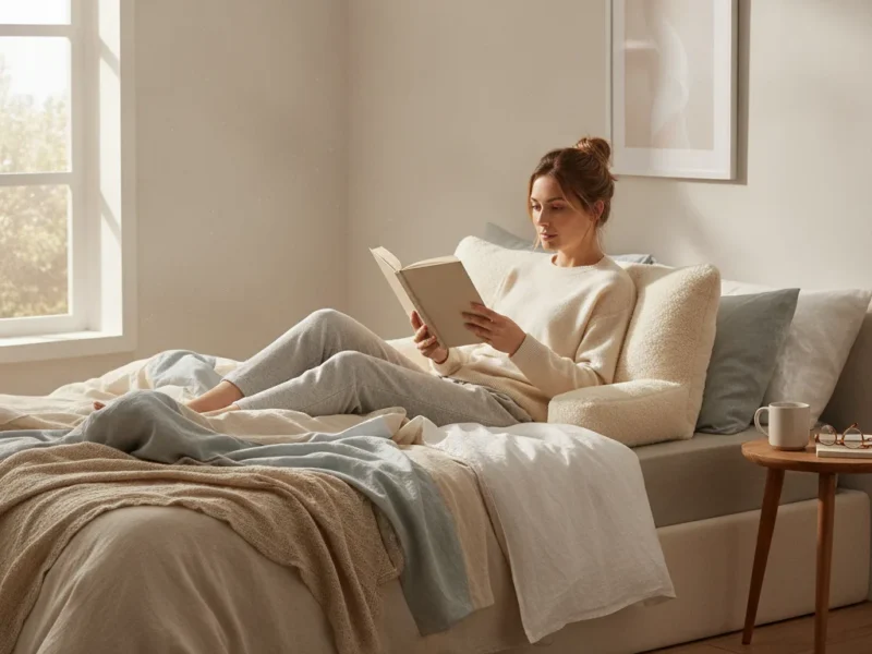 Frau sitzt aufrecht und entspannt an einem Lesekissen im Bett und liest ein Buch.
