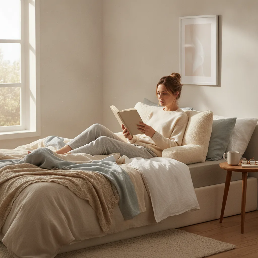 Frau sitzt aufrecht und entspannt an einem Lesekissen im Bett und liest ein Buch.