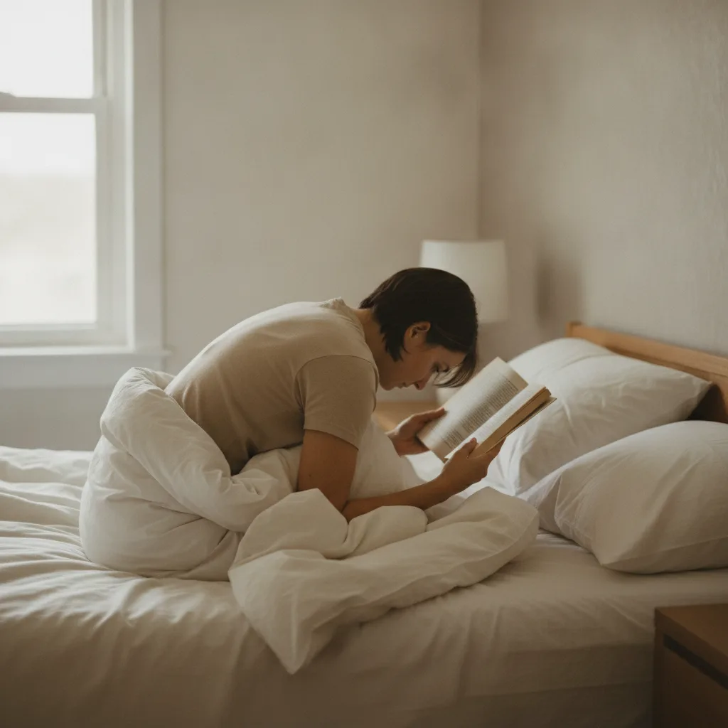 Person liest zusammengesunken im Bett mit rundem Rücken und nach vorn geneigtem Kopf.