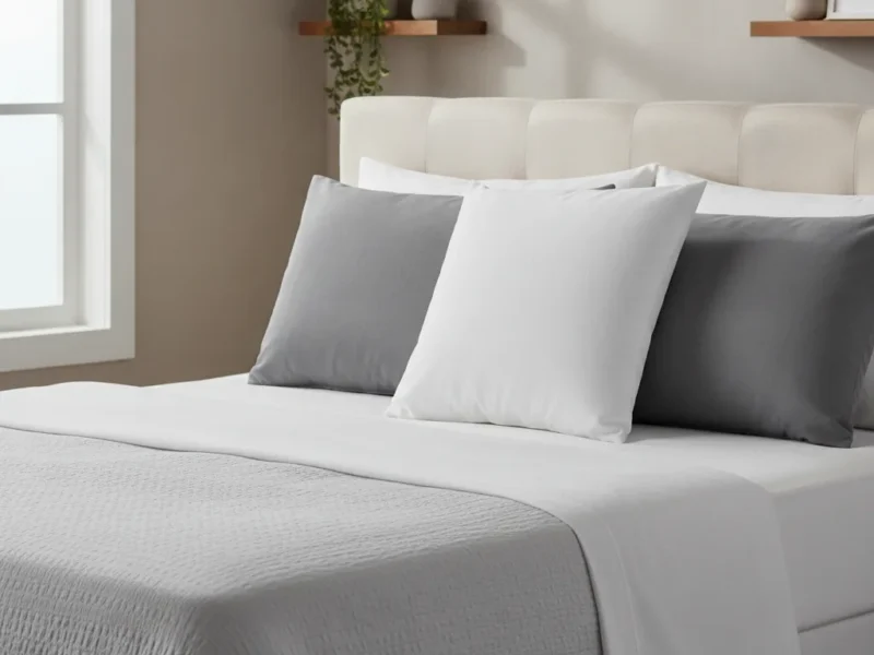 Weißes Memory-Foam-Kissen auf einem ordentlich gemachten Bett im ruhigen Schlafzimmer.