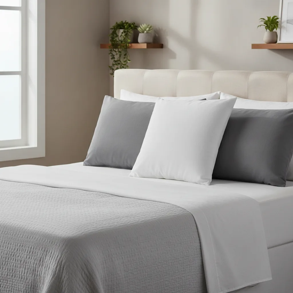 Weißes Memory-Foam-Kissen auf einem ordentlich gemachten Bett im ruhigen Schlafzimmer.
