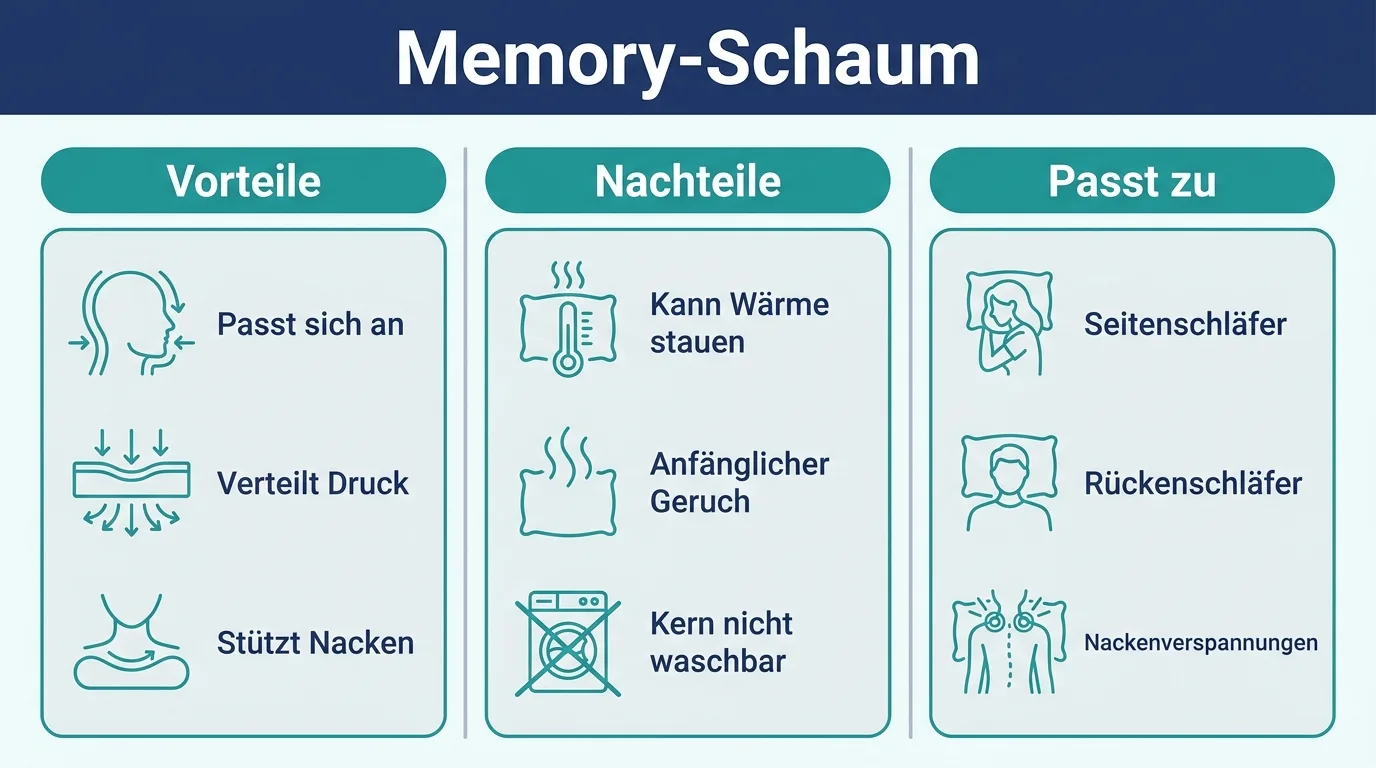 Infografik stellt Vorteile und Nachteile eines Memory-Foam-Kissens gegenüber.