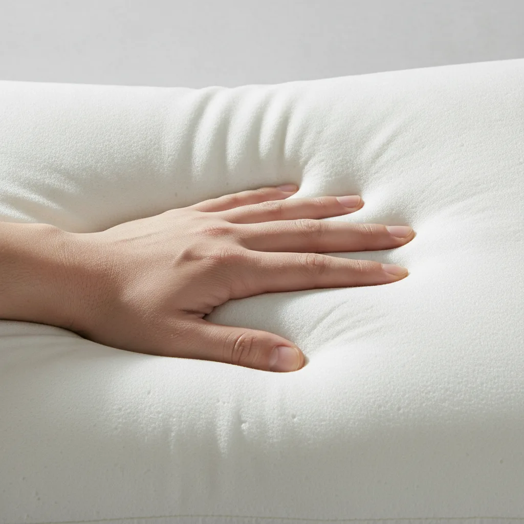 Handabdruck sinkt langsam in ein Memory-Foam-Kissen und zeigt die anpassende Wirkung des Schaums.