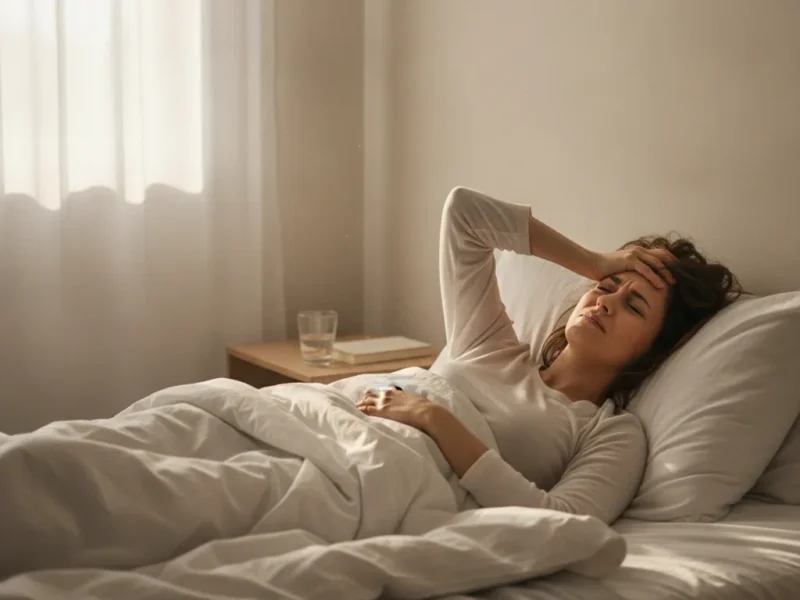 Eine Person wacht morgens im Bett auf und hält sich mit schmerzverzerrtem Gesicht die Stirn.