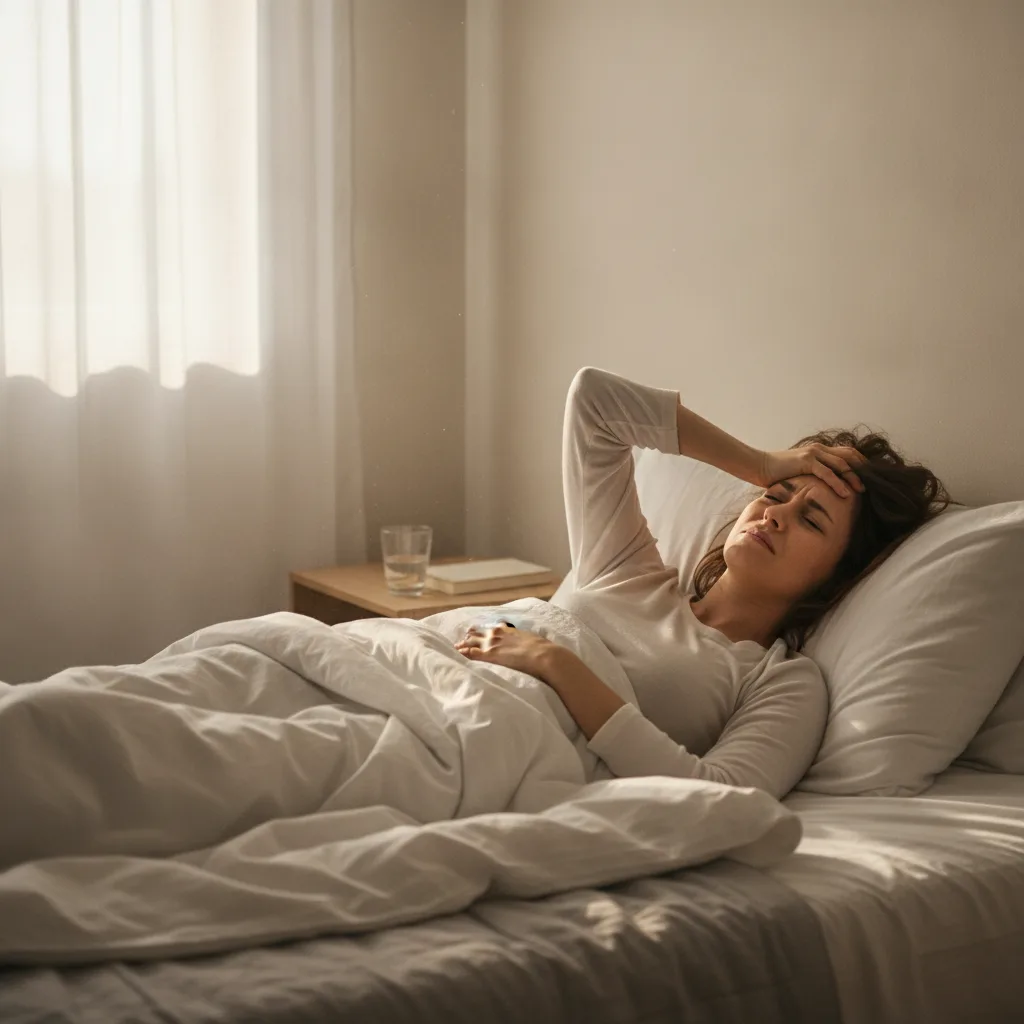 Eine Person wacht morgens im Bett auf und hält sich mit schmerzverzerrtem Gesicht die Stirn.