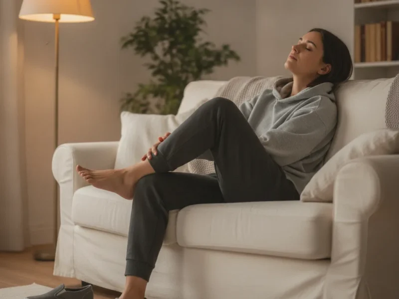Person sitzt am Abend auf dem Sofa und massiert sich einen müden nackten Fuß.