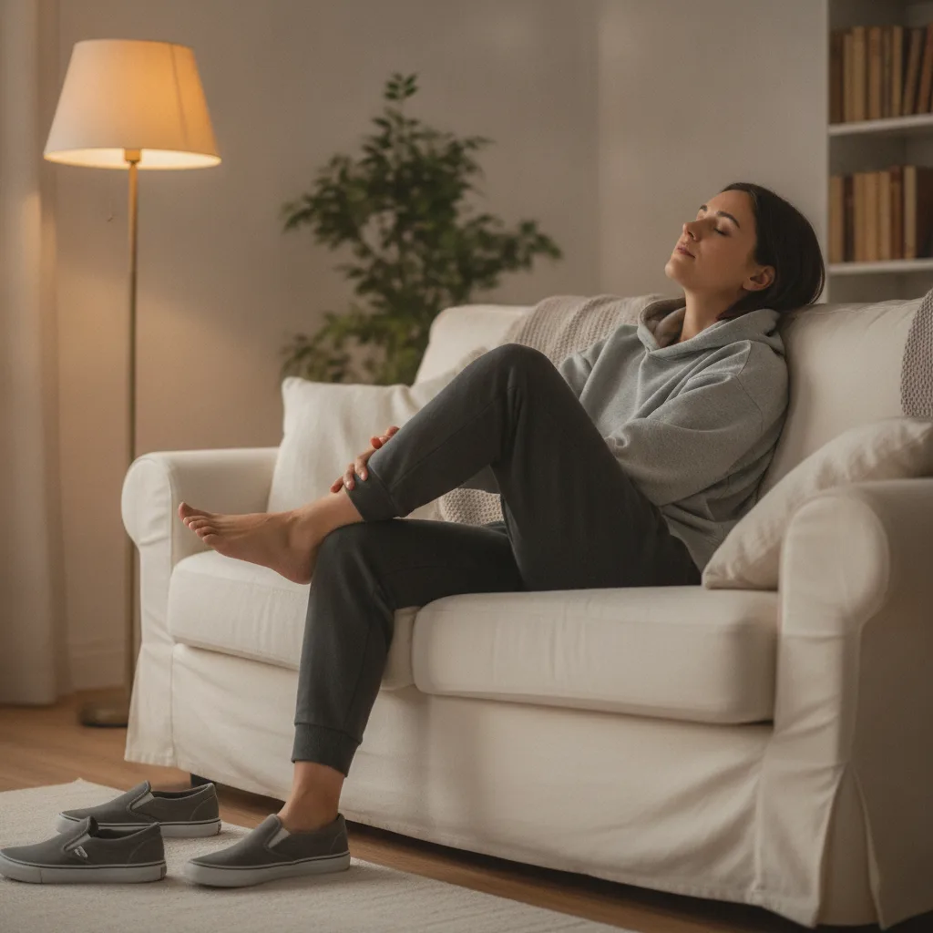 Person sitzt am Abend auf dem Sofa und massiert sich einen müden nackten Fuß.