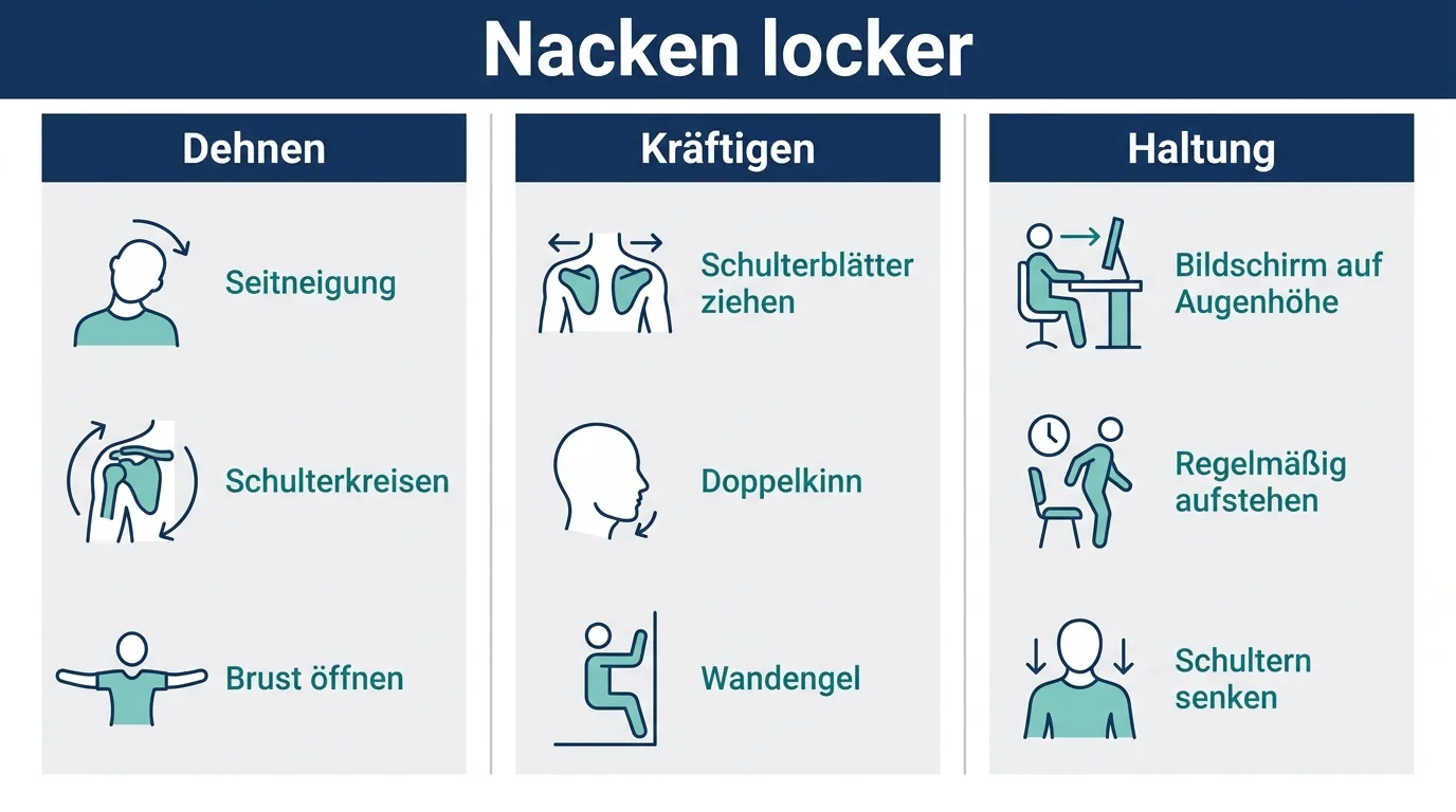Infografik mit drei Bausteinen gegen Nacken- und Schulterverspannungen: Dehnen, Kräftigen und die Haltung korrigieren.