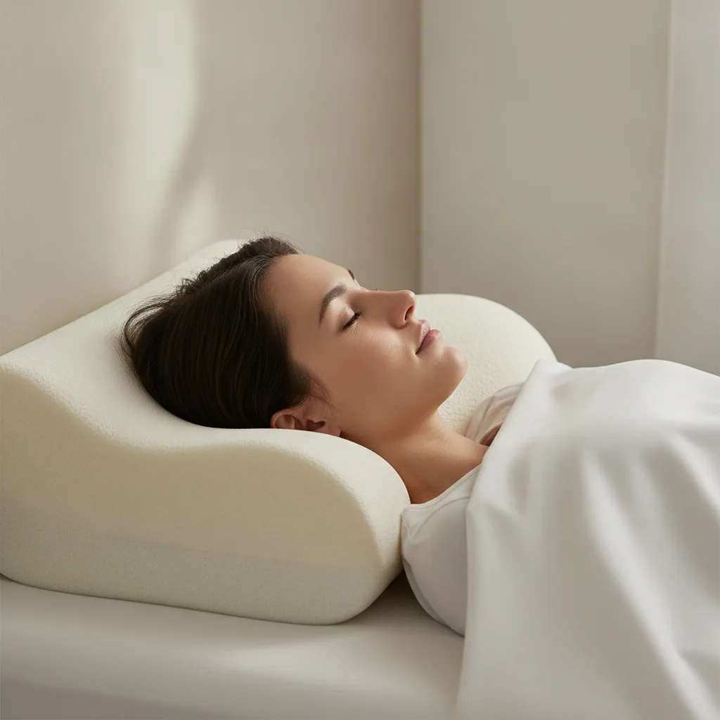 Seitenschläferin liegt mit gerade gestützter Halswirbelsäule auf einem ergonomischen Memory-Kissen.