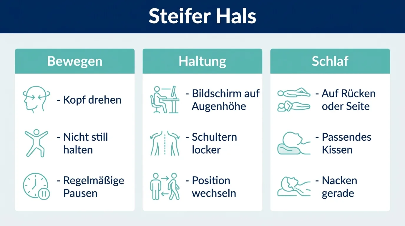 Infografik mit drei Tipps gegen einen steifen Hals: bewegen, Haltung korrigieren und gut schlafen.