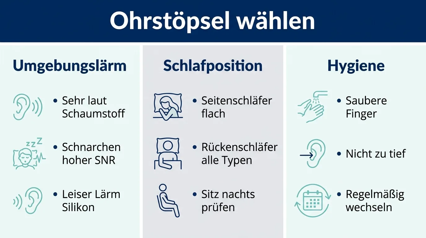 Übersicht mit drei Spalten, die zeigt, wie man Ohrstöpsel nach Umgebungslärm, Schlafposition und Hygiene auswählt.