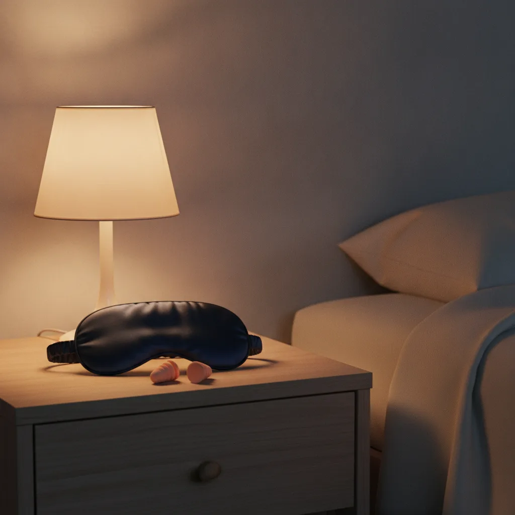 Ohrstöpsel und eine Schlafmaske auf einem Nachttisch neben einer kleinen Lampe.