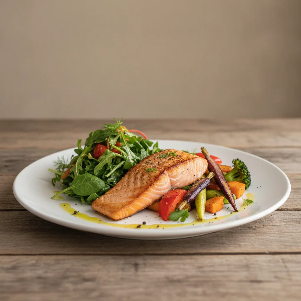 Teller mit gegrilltem Lachs, Blattgemüse und buntem Gemüse als entzündungshemmende Mahlzeit.