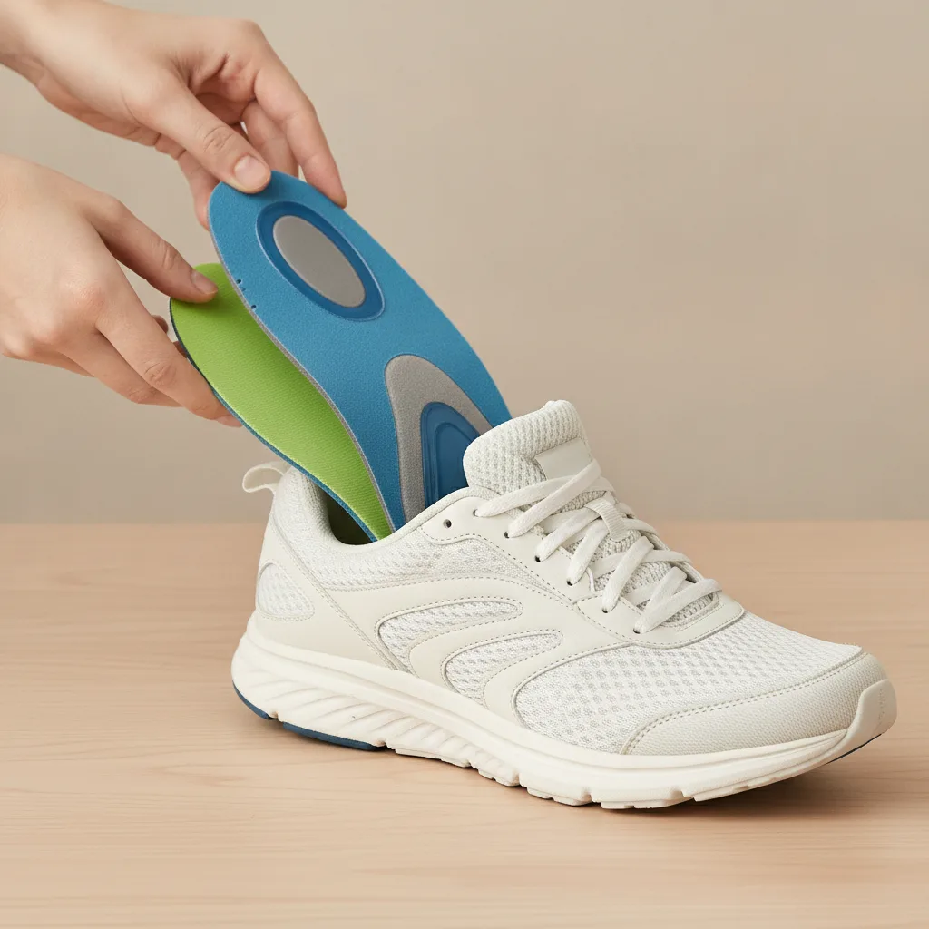 Eine orthopädische Einlage wird in einen Sportschuh mit herausnehmbarer Innensohle eingesetzt.