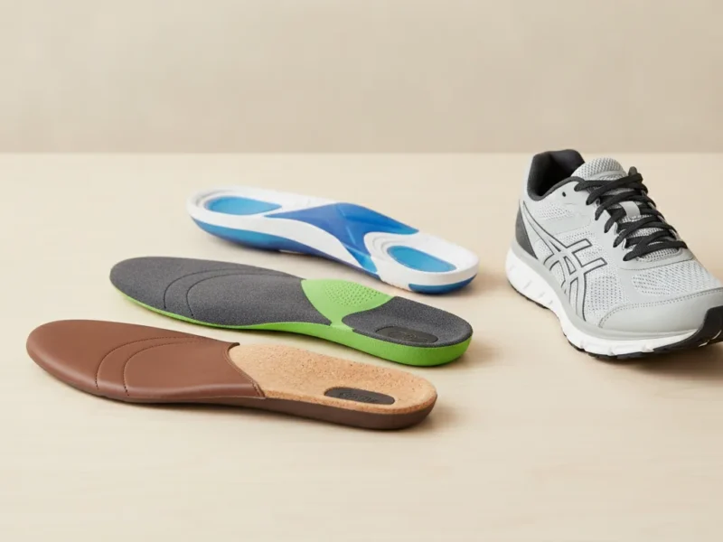 Verschiedene orthopädische Einlagen liegen neben einem Sportschuh auf hellem Holzuntergrund.