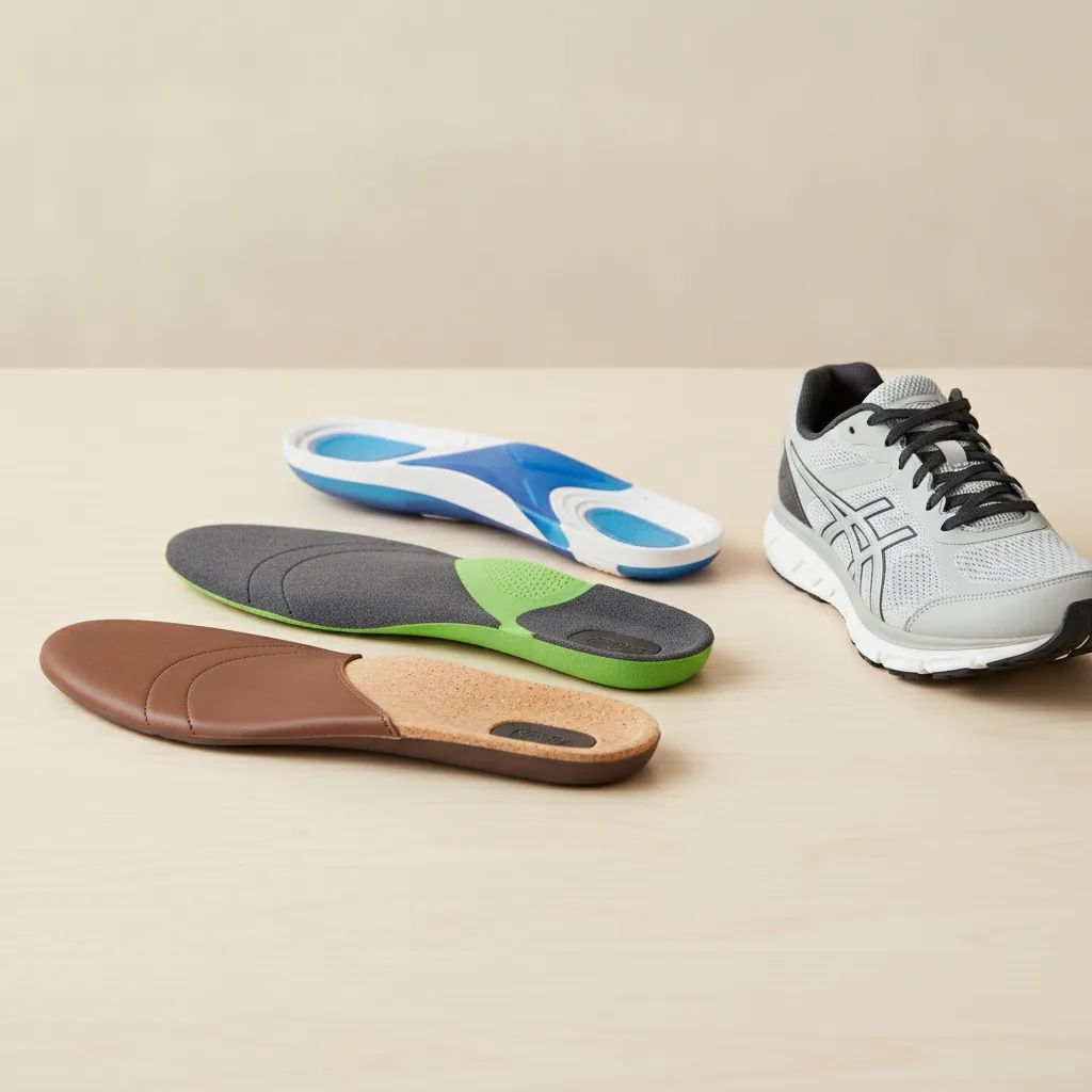 Verschiedene orthopädische Einlagen liegen neben einem Sportschuh auf hellem Holzuntergrund.