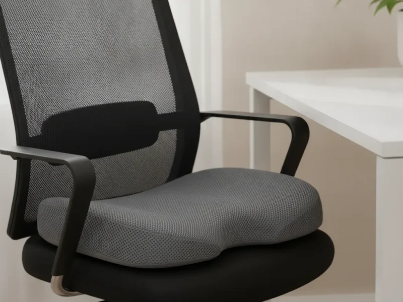 Ergonomisches orthopädisches Sitzkissen liegt auf einem Bürostuhl am Schreibtisch.