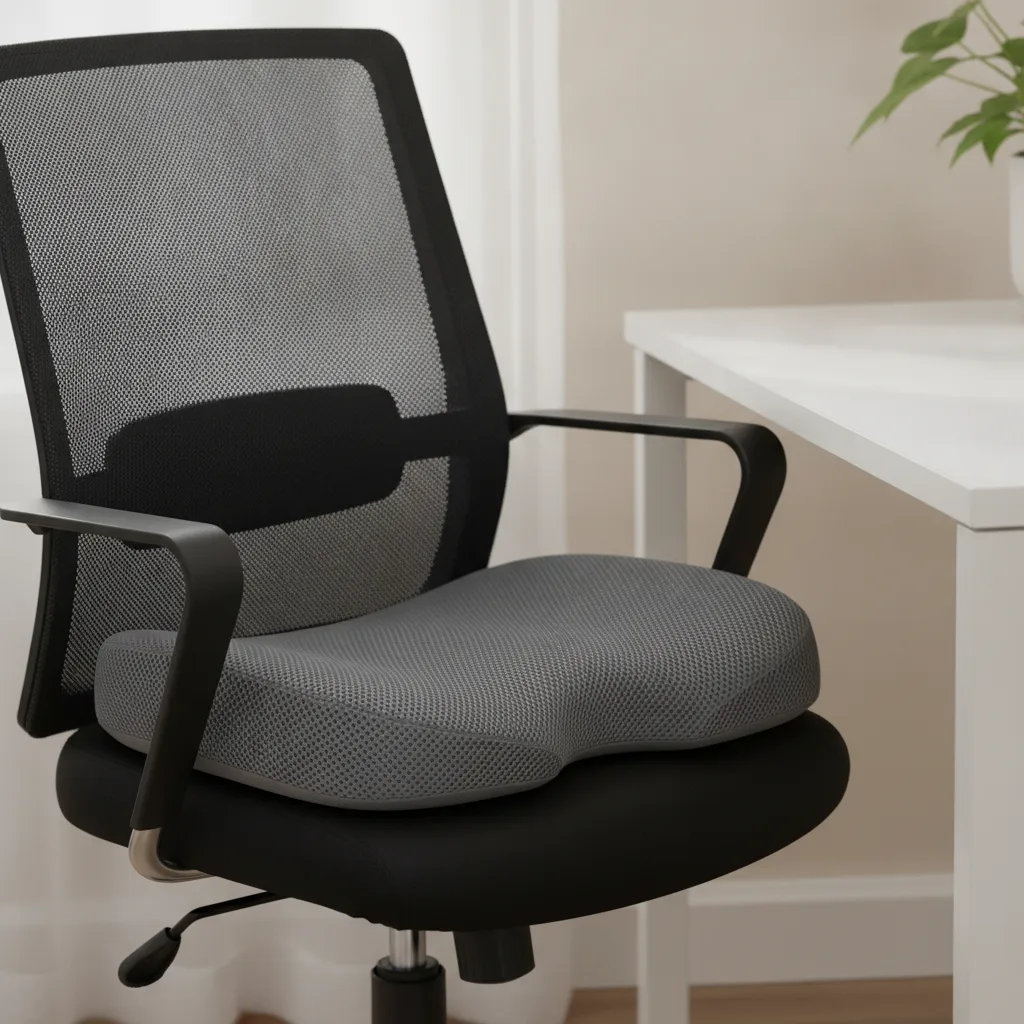 Ergonomisches orthopädisches Sitzkissen liegt auf einem Bürostuhl am Schreibtisch.