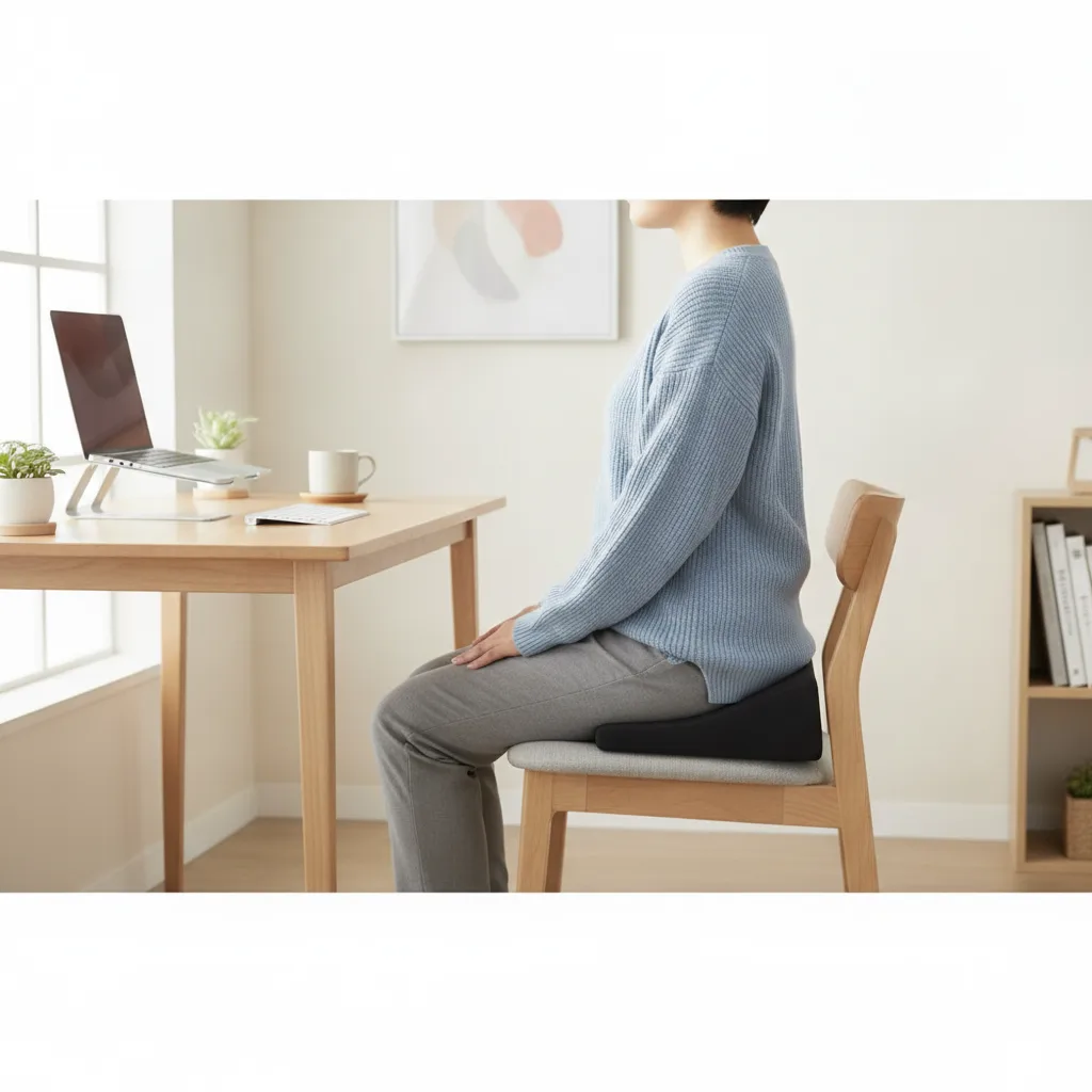 Person sitzt aufrecht auf einem ergonomischen Keilkissen am Schreibtisch.