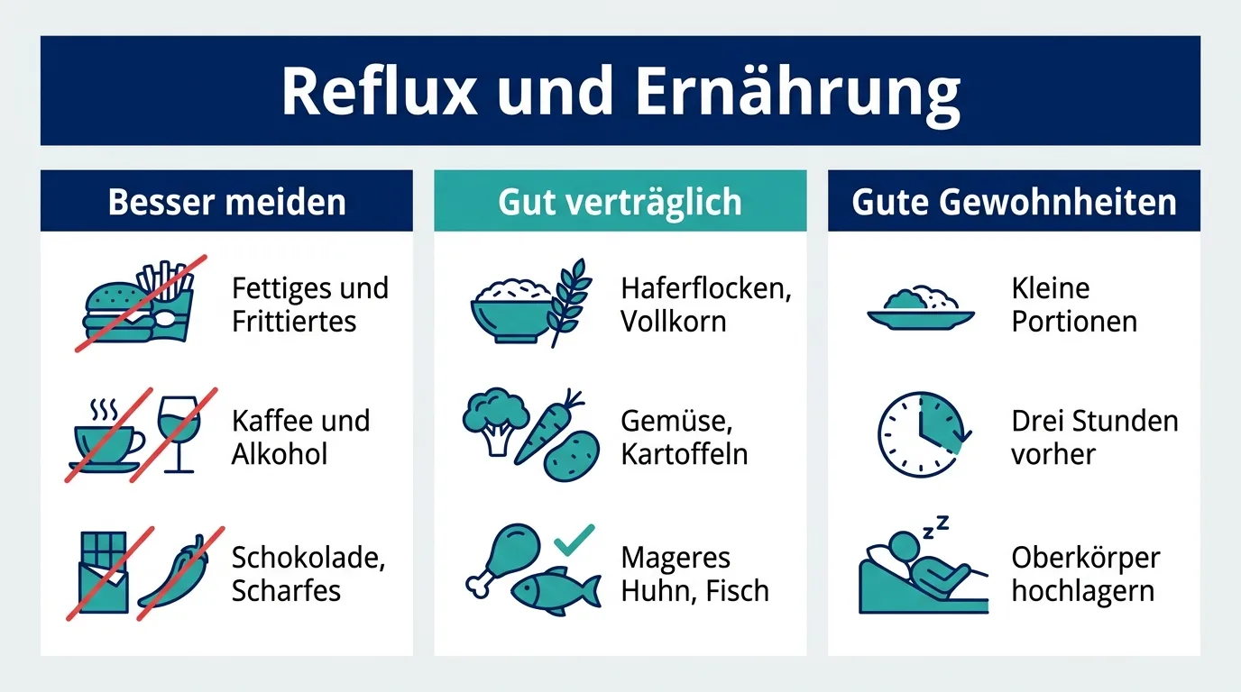 Infografik zur Ernährung bei Reflux mit Lebensmitteln zum Meiden, verträglichen Speisen und hilfreichen Gewohnheiten.