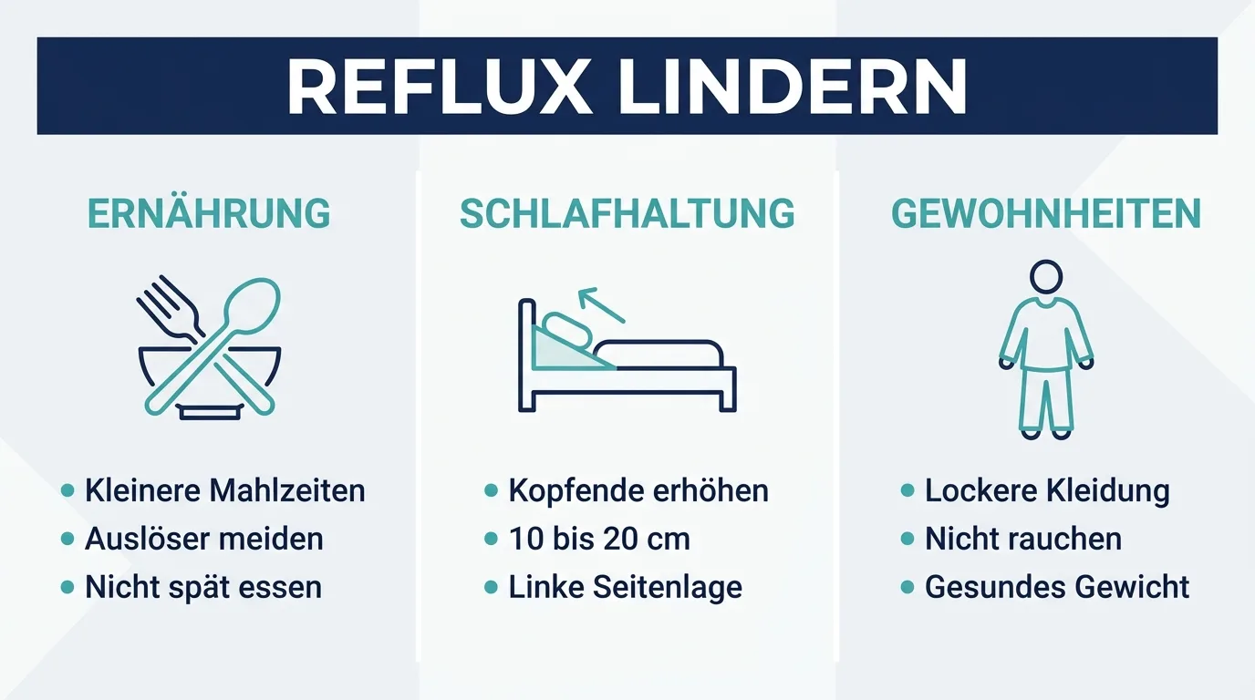 Infografik mit drei Wegen gegen Sodbrennen: Ernährung anpassen, erhöhte Schlafhaltung und günstige Gewohnheiten.