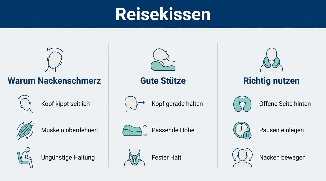 Infografik zeigt, warum der Nacken auf Reisen leidet und worauf ein gutes Reisekissen achtet.