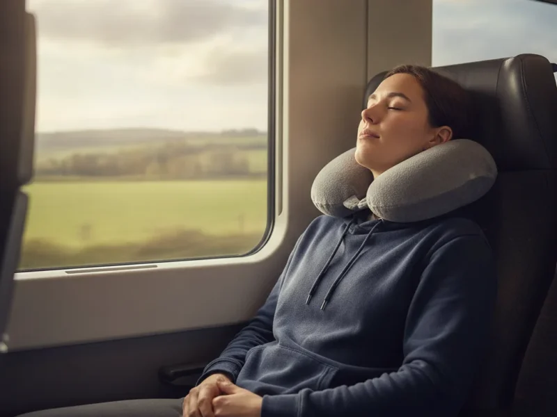 Reisender döst entspannt im Sitzen mit einem U-förmigen Nackenkissen, das den Kopf stützt.