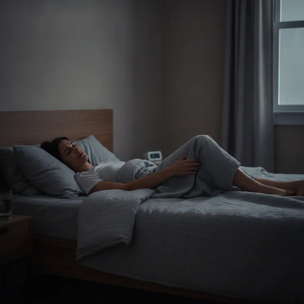 Eine Person liegt nachts in einem dunklen Schlafzimmer und greift zum unruhigen Unterschenkel.