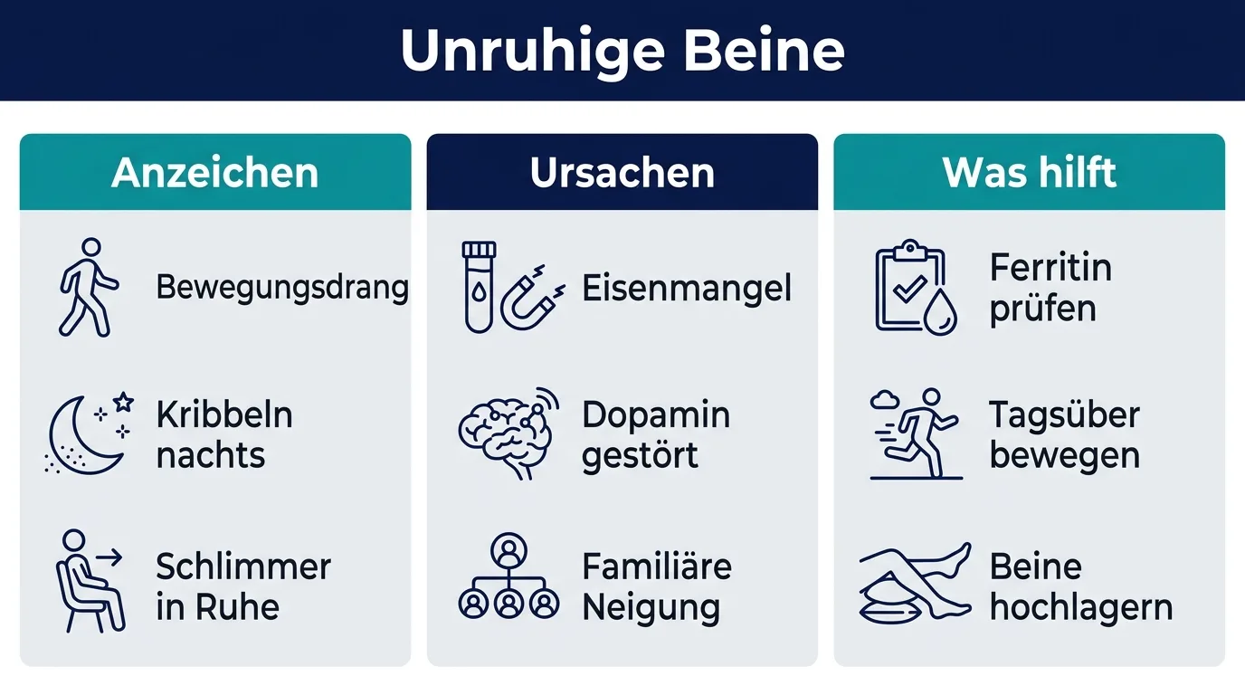 Infografik zum Restless-Legs-Syndrom mit Anzeichen, Ursachen und Maßnahmen, die im Alltag helfen.